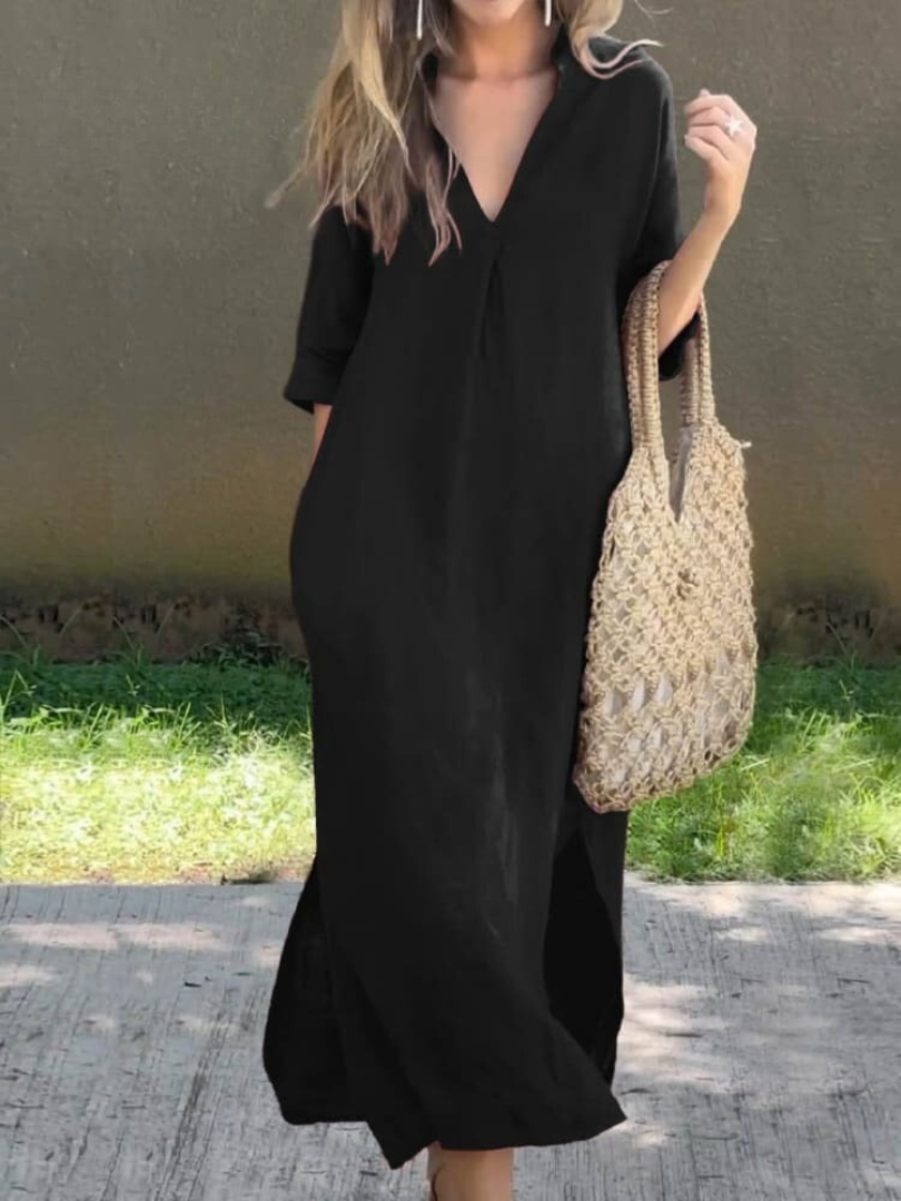 Anna-Berg | Timeless Midi Dress With V-Neck In Loose Fit