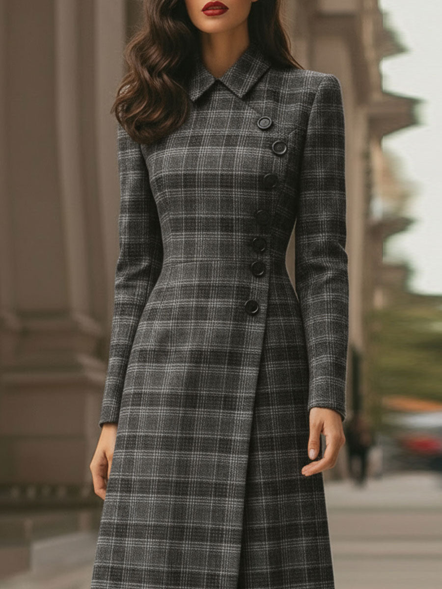 Anna-Berg | Elegant Plaid Asymmetric Button - Front Midi Dress