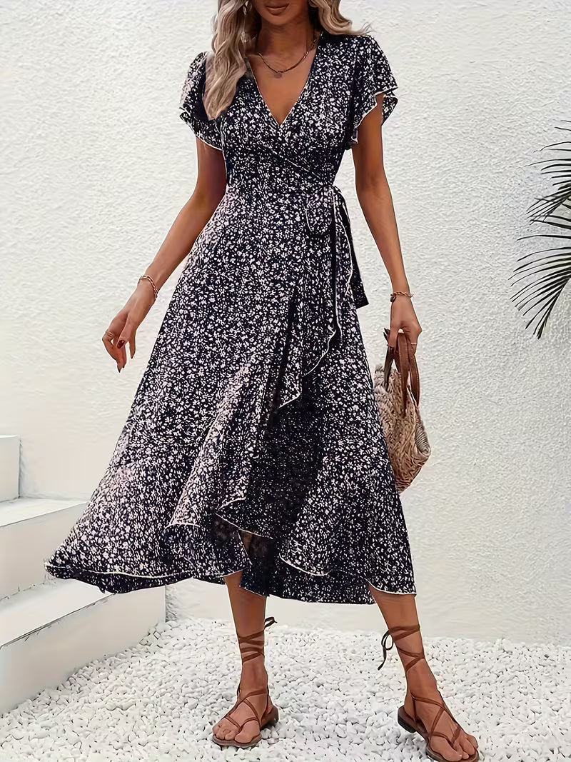 Anna-Berg | Timeless Floral Wrap Midi Dress With Ruffle Sleeves And Asymmetric Hem