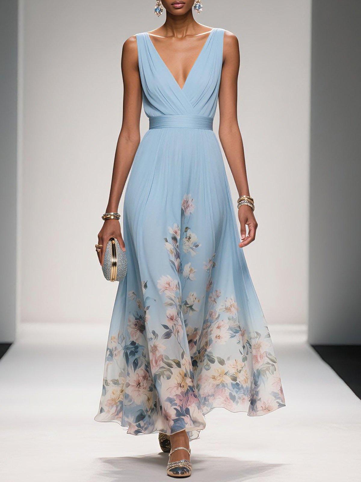 Anna-Berg | Feminine Light Blue Floral V-Neck Maxi Dress