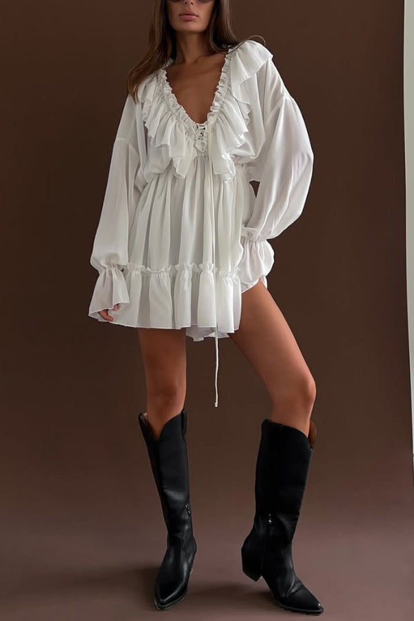 Anna-Berg | Solid Color V-Neck Ruffled Ruched Dress