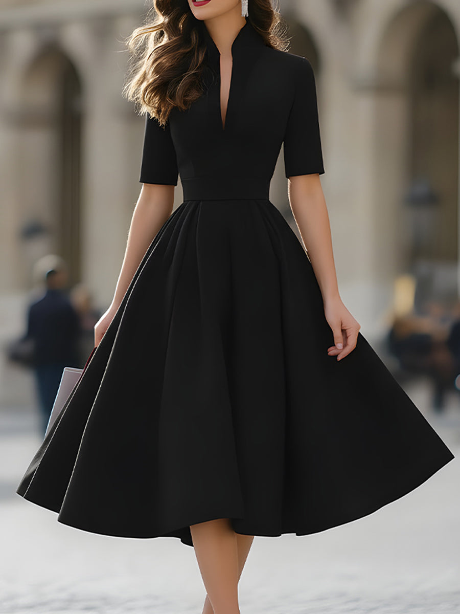 Anna-Berg | Elegant V-Neck Tailored A-Line Midi Dress