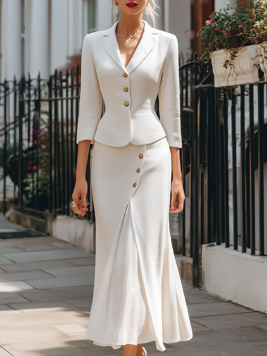 Anna-Berg | Elegant Textured Buttoned Blazer Skirt Set