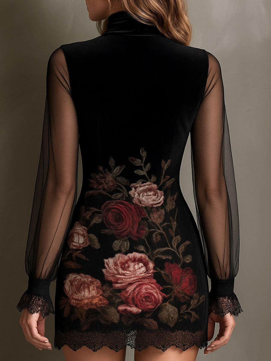 Anna-Berg | Velvet Rose Print Sheer Patchwork Dress