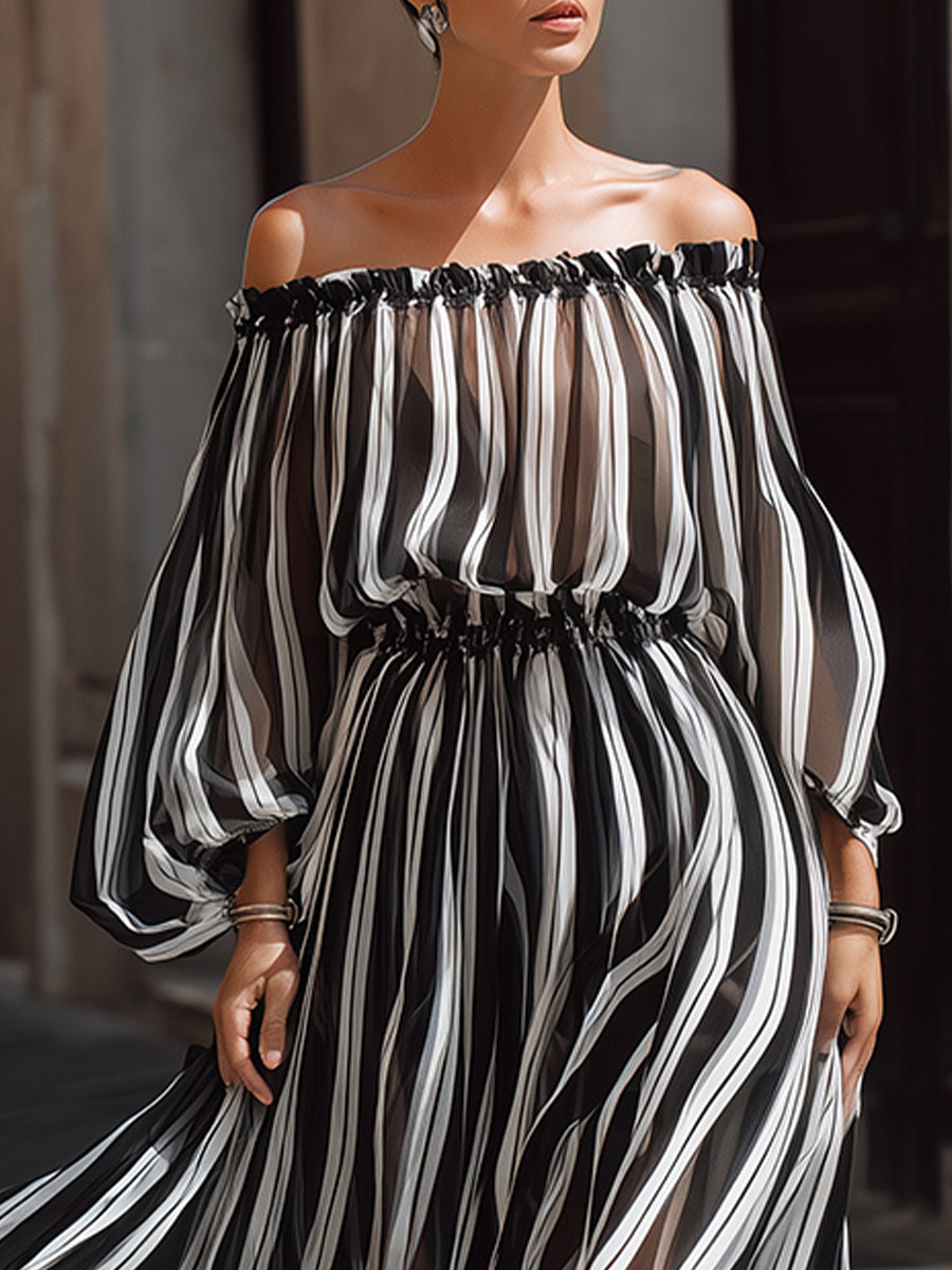 Anna-Berg | Elegant Off-The-Shoulder Vertical Stripe Chiffon Dress