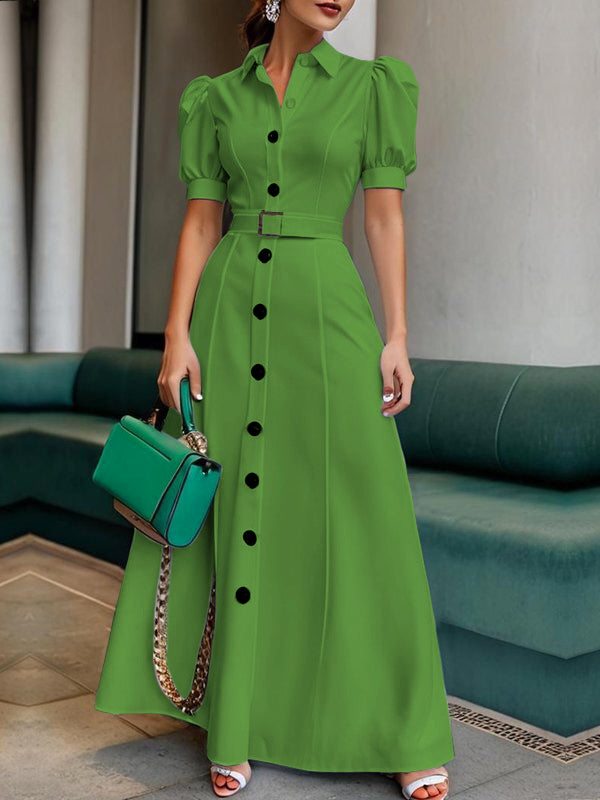 Anna-Berg | Puff Sleeves Short Belted Buttoned Dress