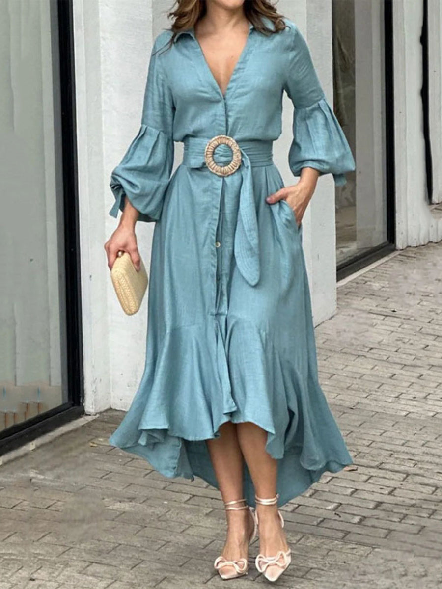 Anna-Berg | High-Low Puff Sleeves Pleated Solid Dress