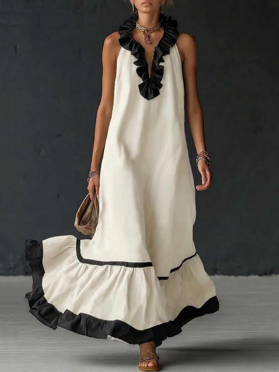 Anna-Berg | A-Line Loose Contrast Color Pleated Dress