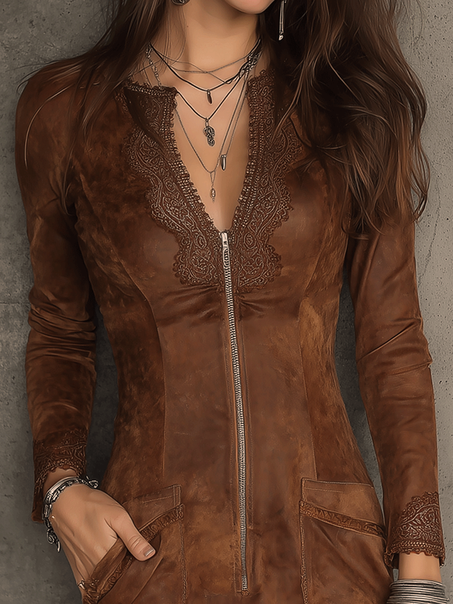 Anna-Berg | Vintage Caramel Brown Lace Trim Dress