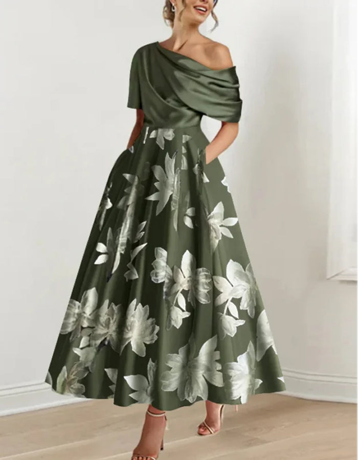 Anna-Berg | White Satin Off-Shoulder Bodycon Printed Dress