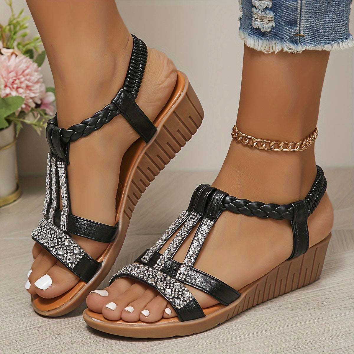 Anna-Berg | Modern Rhinestone Woven Sandals for Effortless Elegance