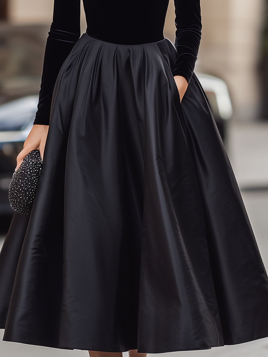 Anna-Berg | Elegant Black Velvet And Satin Midi Dress