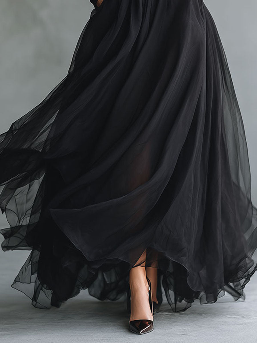 Anna-Berg | Elegant Black Tulle Flowing Patchwork Dress