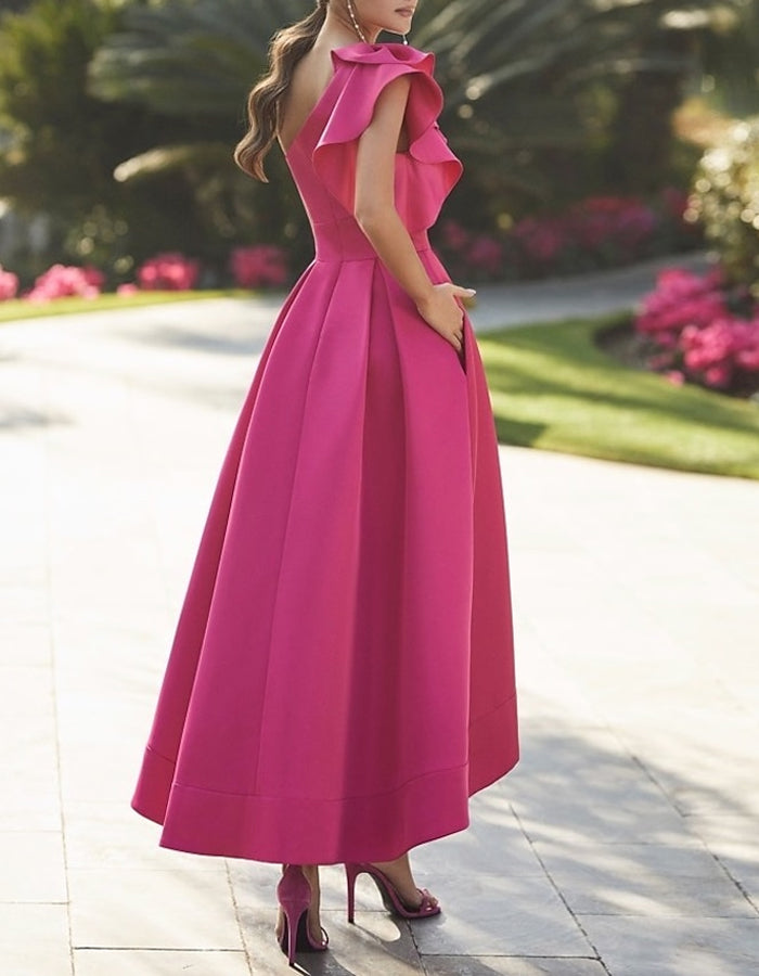 Anna-Berg | One-Shoulder A-Line Ruffle Sleeveless Dress