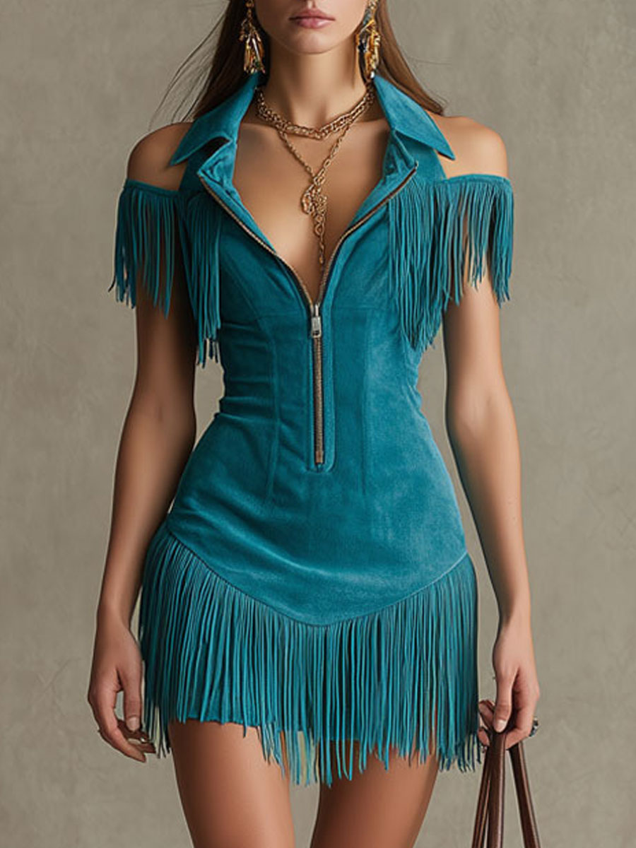 Anna-Berg | Peacock Blue Faux Suede Tassel Dress