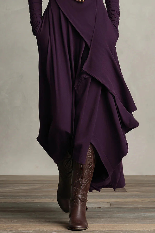 Anna-Berg | Solid Color High-Neck Long-Sleeved Irregular Dress