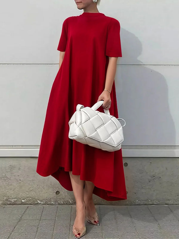 Anna-Berg | High-Low Short Sleeves Solid Color Dress