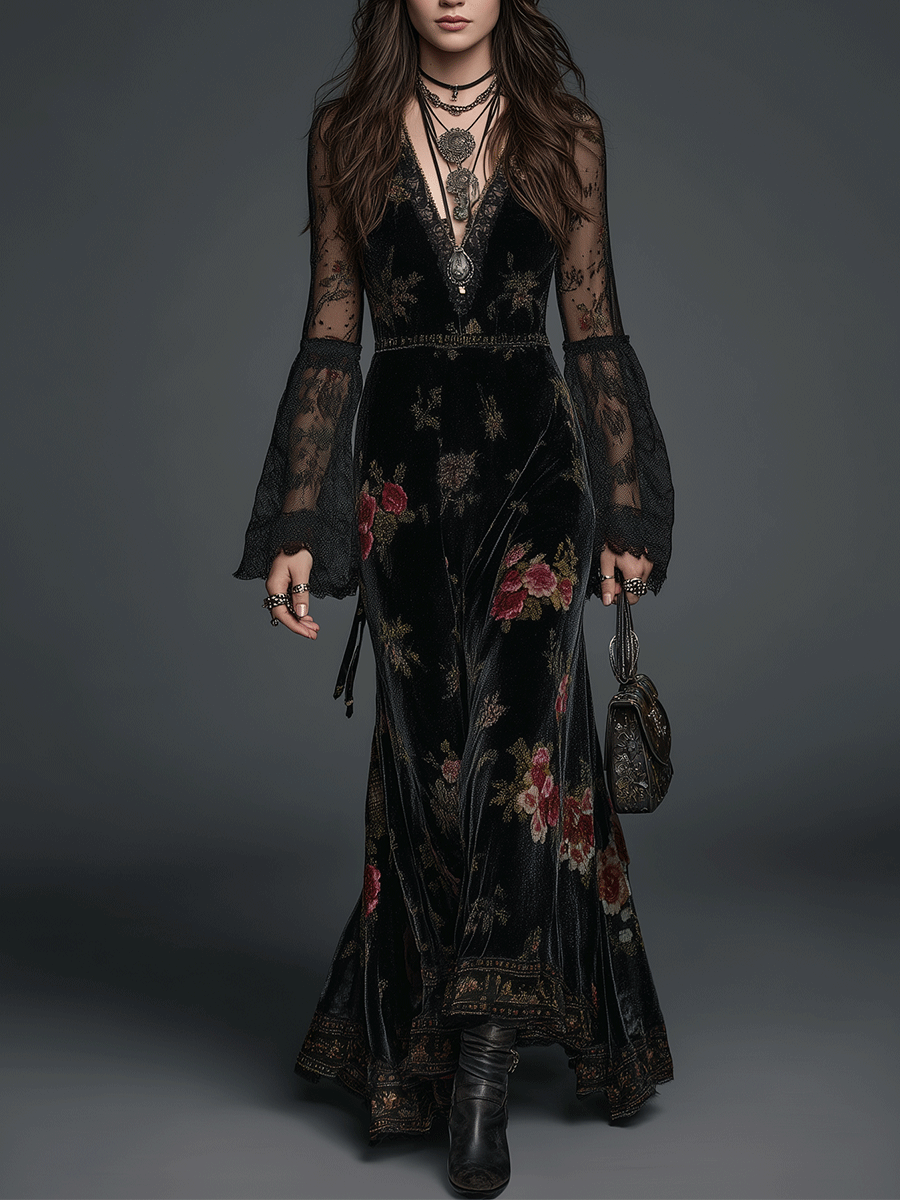 Anna-Berg | Vintage Black Velvet Floral Lace Dress