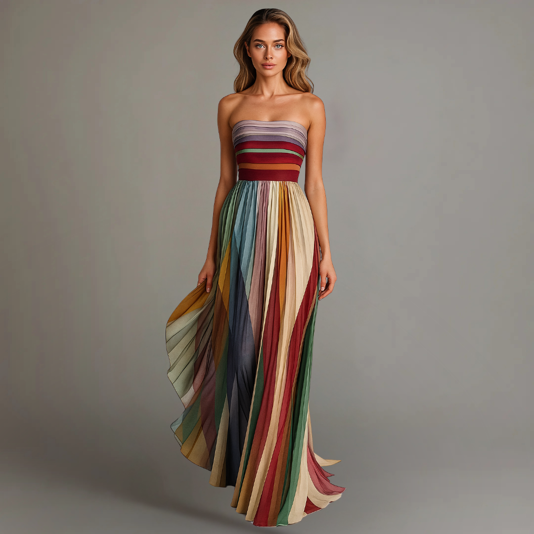 Anna-Berg | Timeless Strapless Colorful Pleated Summer Maxi Dress Strapless