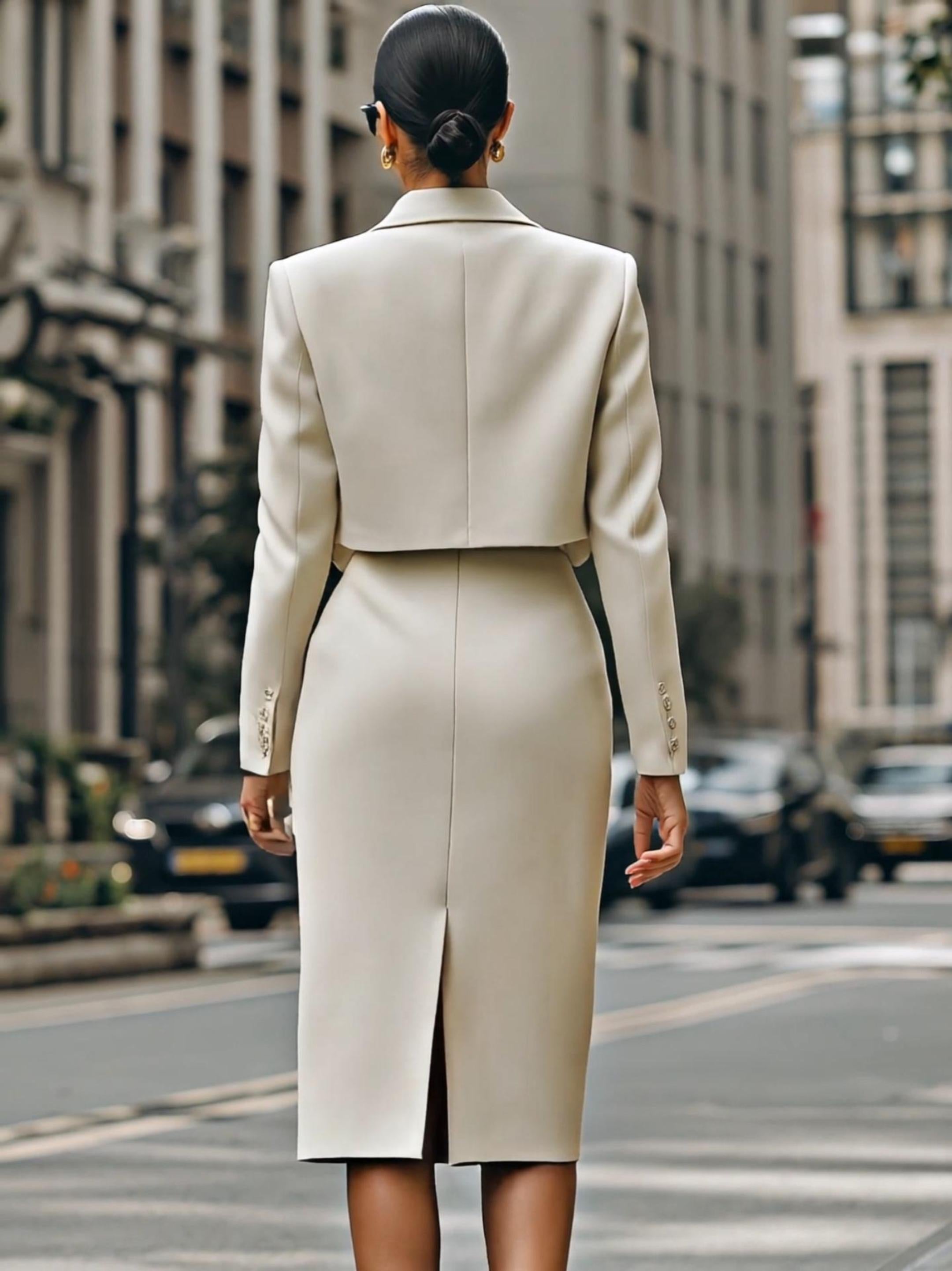 Anna-Berg | Cream Cropped Blazer And High-Waisted Pencil Skirt Set With Belt