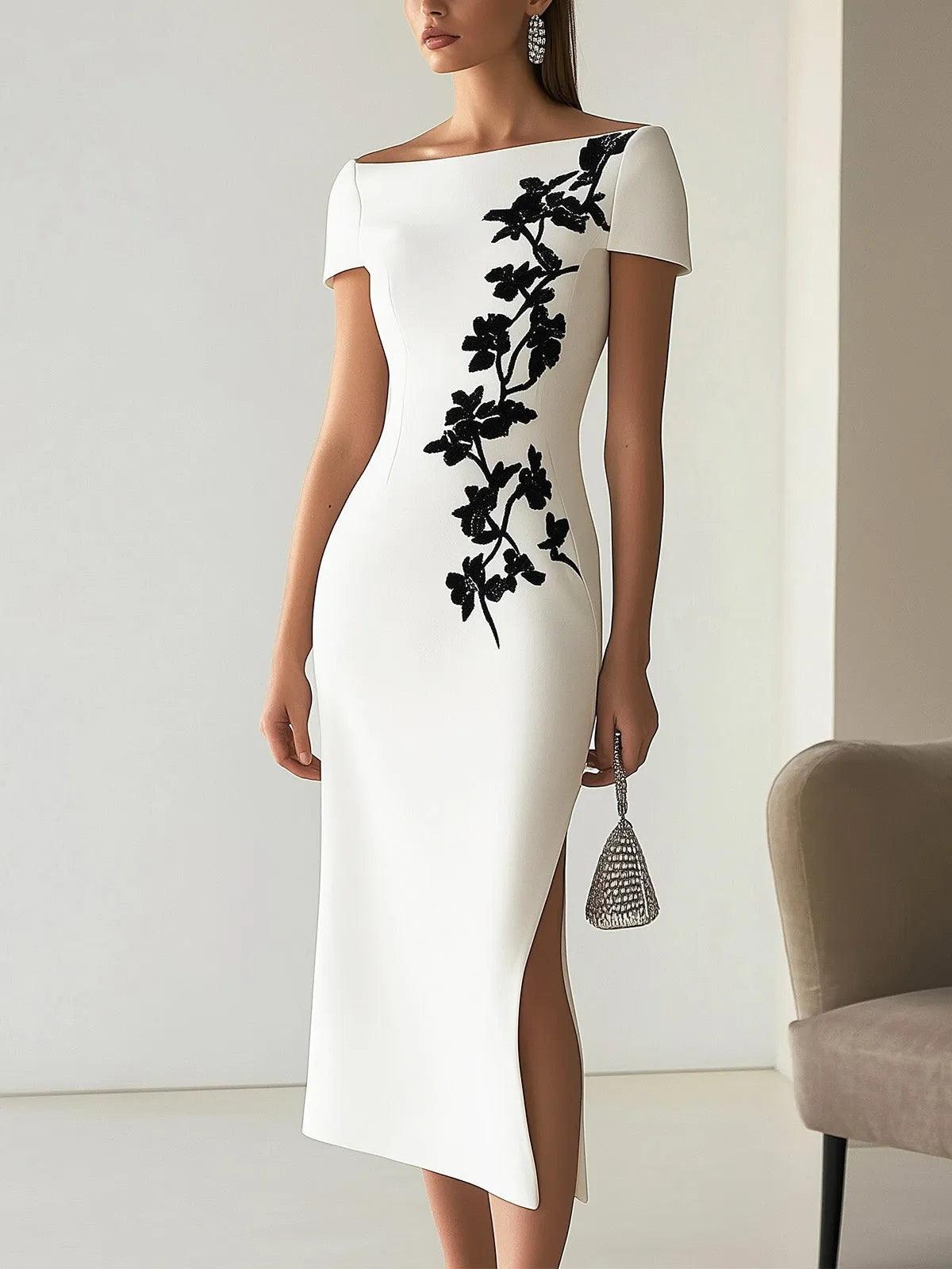Anna-Berg | Chic Floral Print Boat Neck Midi Dress