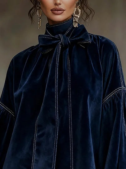 Anna-Berg | Elegant Dark Blue Mini Dress With Velvet Cut And Lantern-Shaped Sleeves