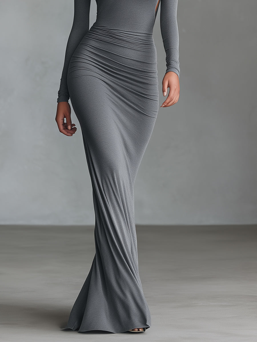 Anna-Berg | Grey Knit Ruched Evening Dress