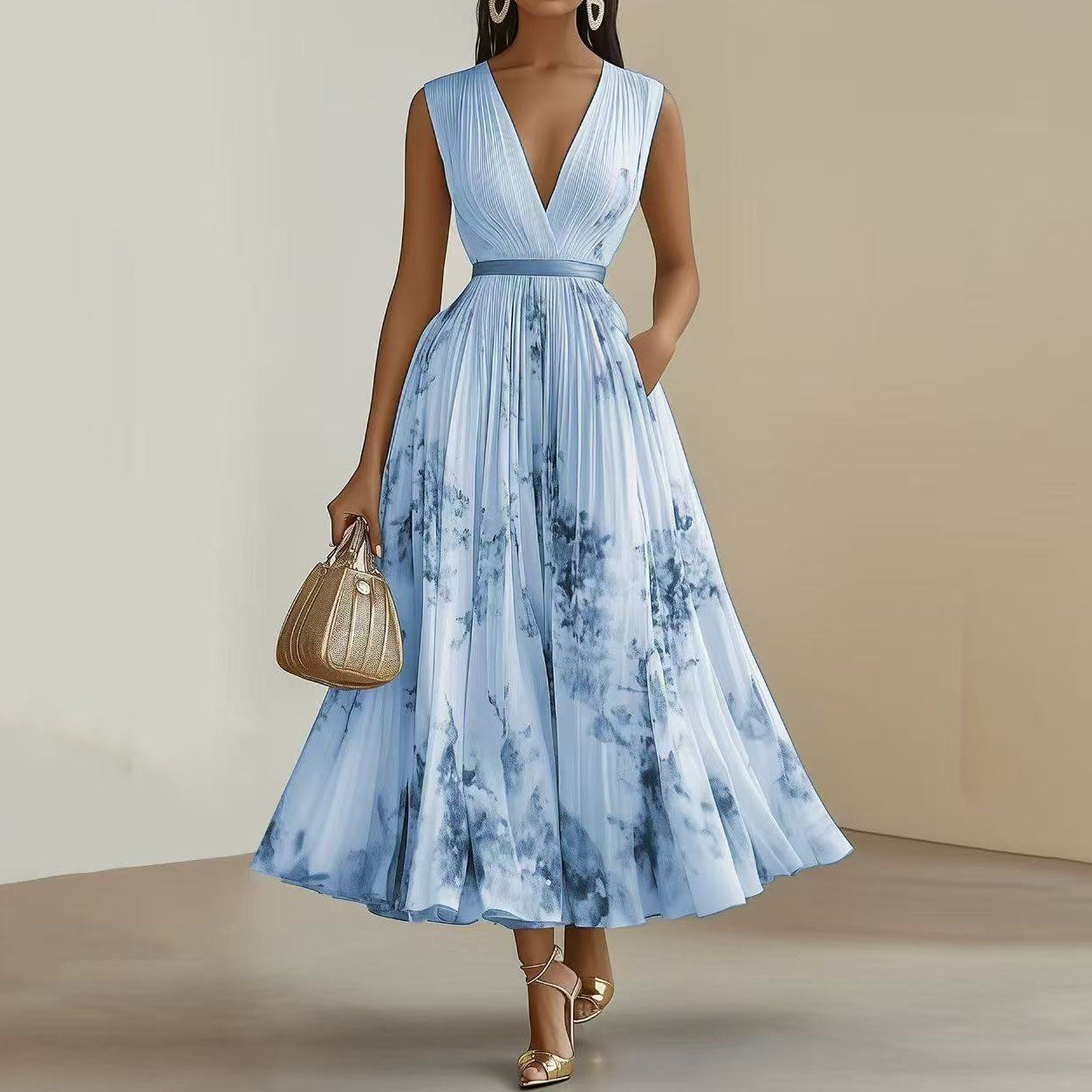 Anna-Berg | Printed V-Neck Sleeveless Fashion Pleated Dress