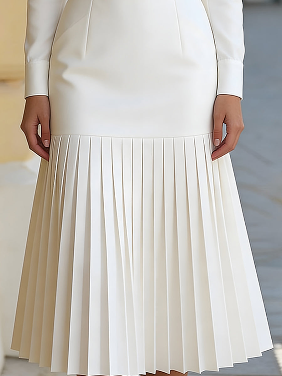 Anna-Berg | High-Neck Belted Long-Sleeve Pleated Dress