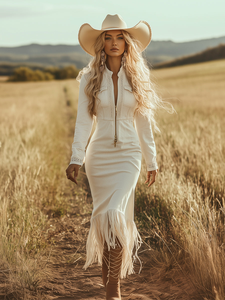 Anna-Berg | White Denim Tassel Casual Dress