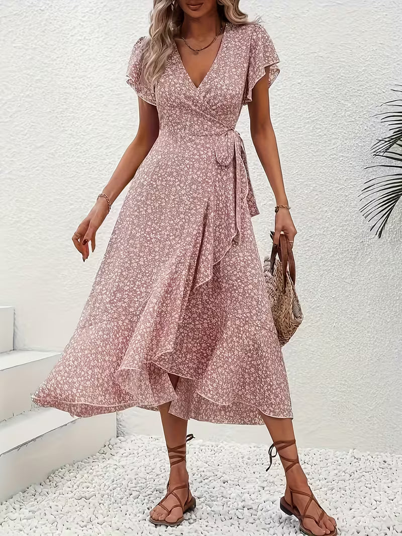 Anna-Berg | Timeless Floral Wrap Midi Dress With Ruffle Sleeves And Asymmetric Hem