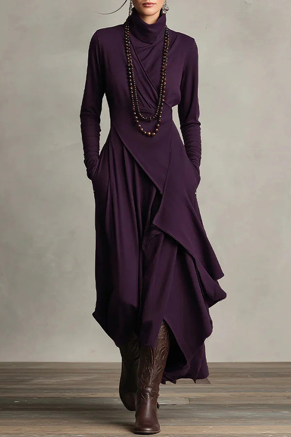Anna-Berg | Solid Color High-Neck Long-Sleeved Irregular Dress