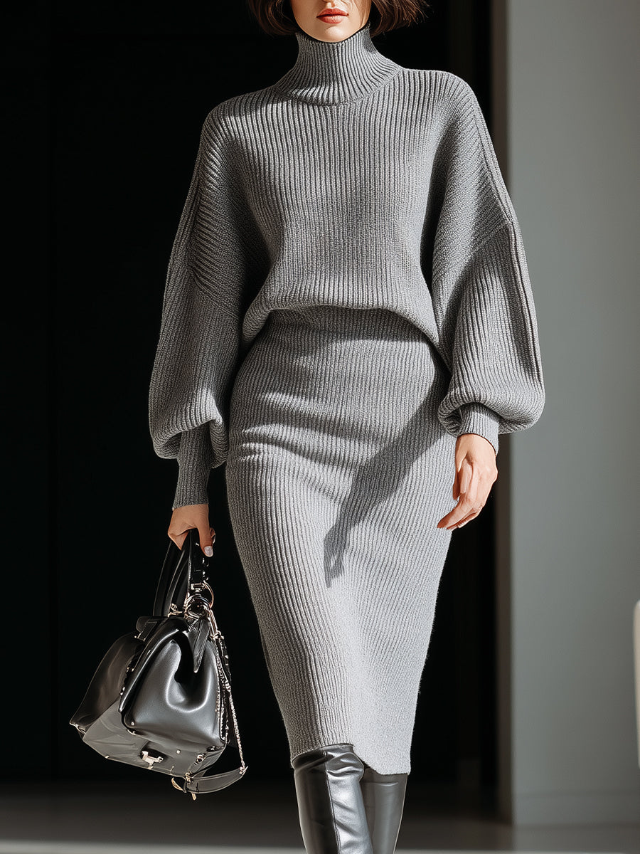 Anna-Berg | Gray Ribbed Turtleneck Batwing Sweater Dress