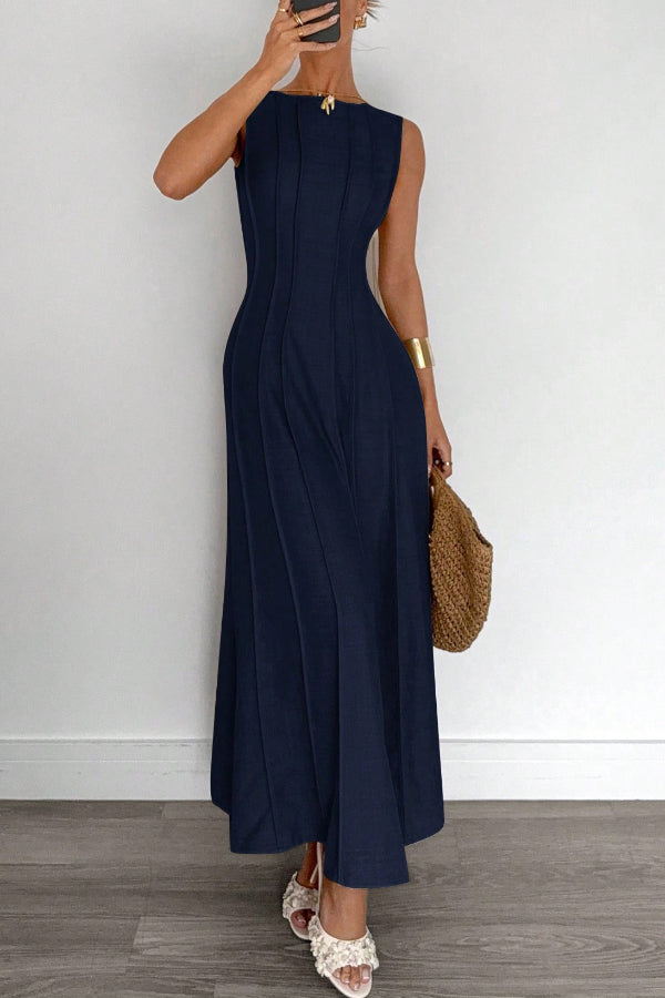 Anna-Berg | Solid Color Round Neck Sleeveless Dress