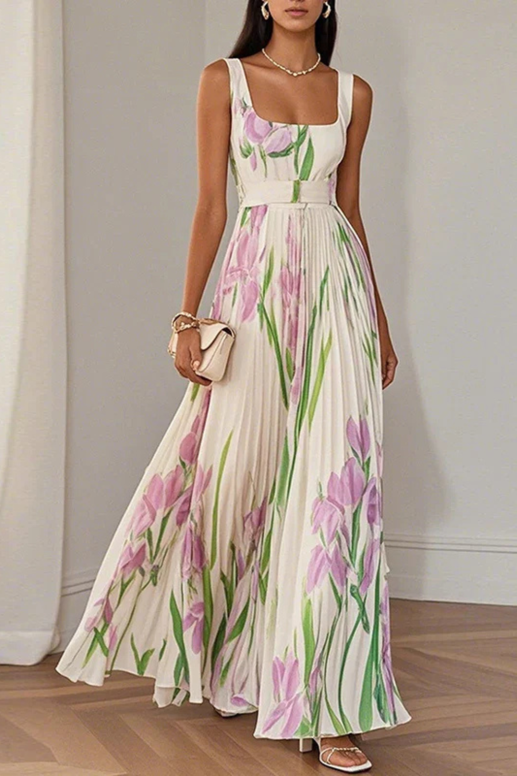 Anna-Berg | Floral Print Square Neck Pleated Dress