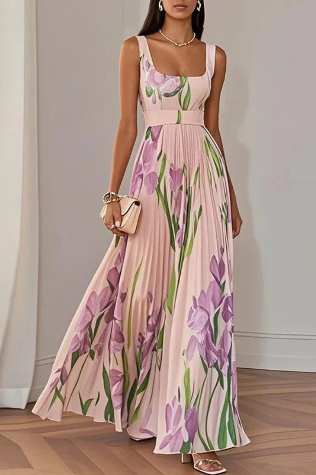 Anna-Berg | Floral Print Square Neck Pleated Dress