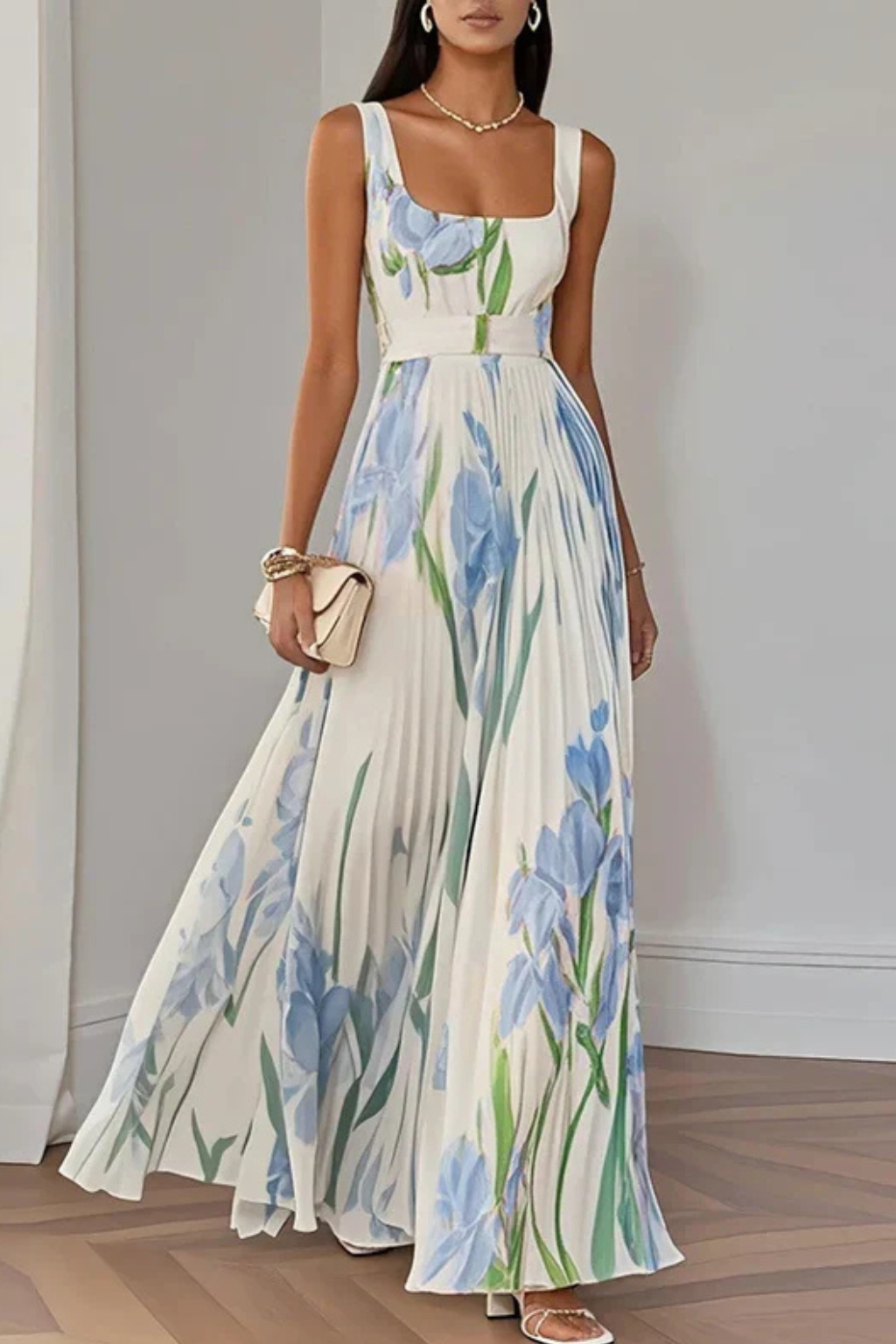 Anna-Berg | Floral Print Square Neck Pleated Dress
