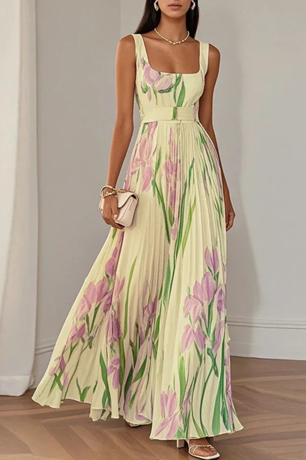 Anna-Berg | Floral Print Square Neck Pleated Dress