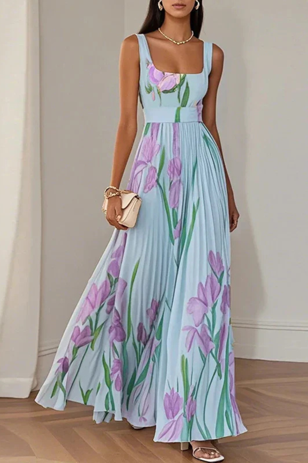 Anna-Berg | Floral Print Square Neck Pleated Dress