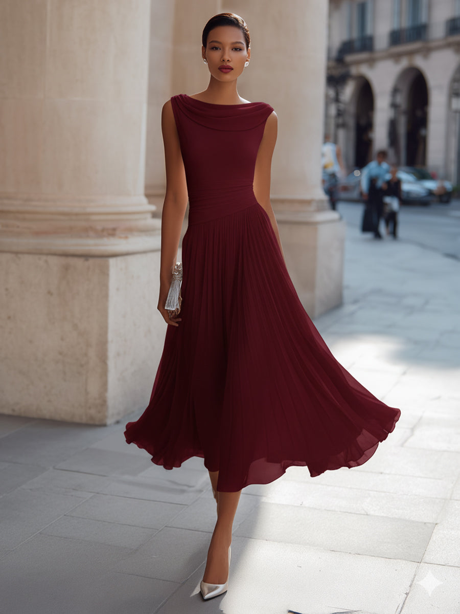 Anna-Berg | Draped Neck Sleeveless Pleated Dress