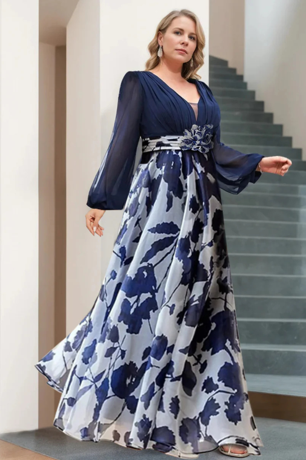 Anna-Berg | V Neck Balloon Sleeve Floral Dress