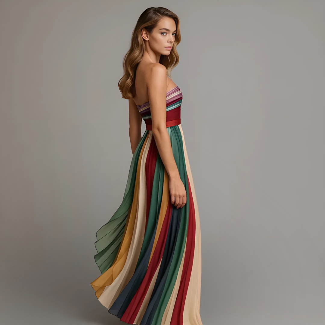 Anna-Berg | Timeless Strapless Colorful Pleated Summer Maxi Dress Strapless