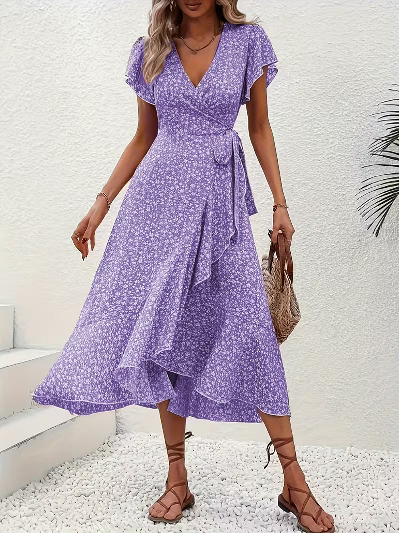 Anna-Berg | Timeless Floral Wrap Midi Dress With Ruffle Sleeves And Asymmetric Hem