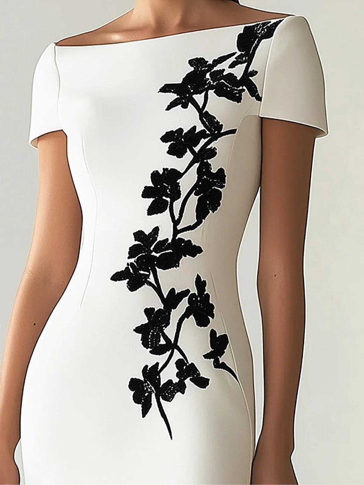 Anna-Berg | Chic Floral Print Boat Neck Midi Dress