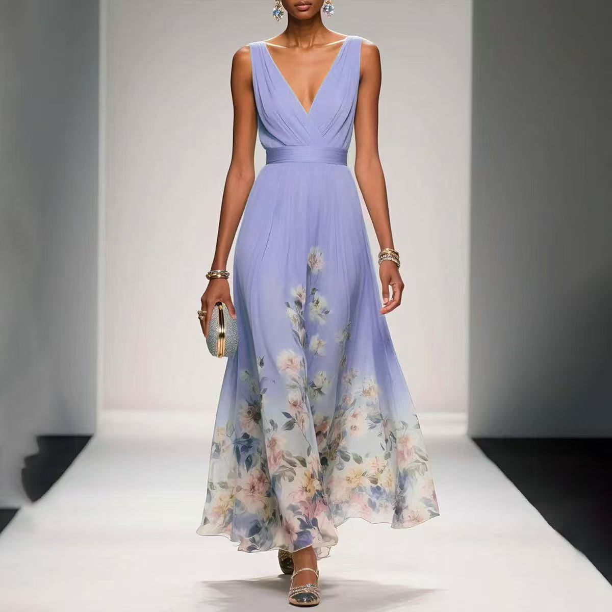 Anna-Berg | Elegant Floral Border Print Sleeveless Maxi Dress - V-Neck