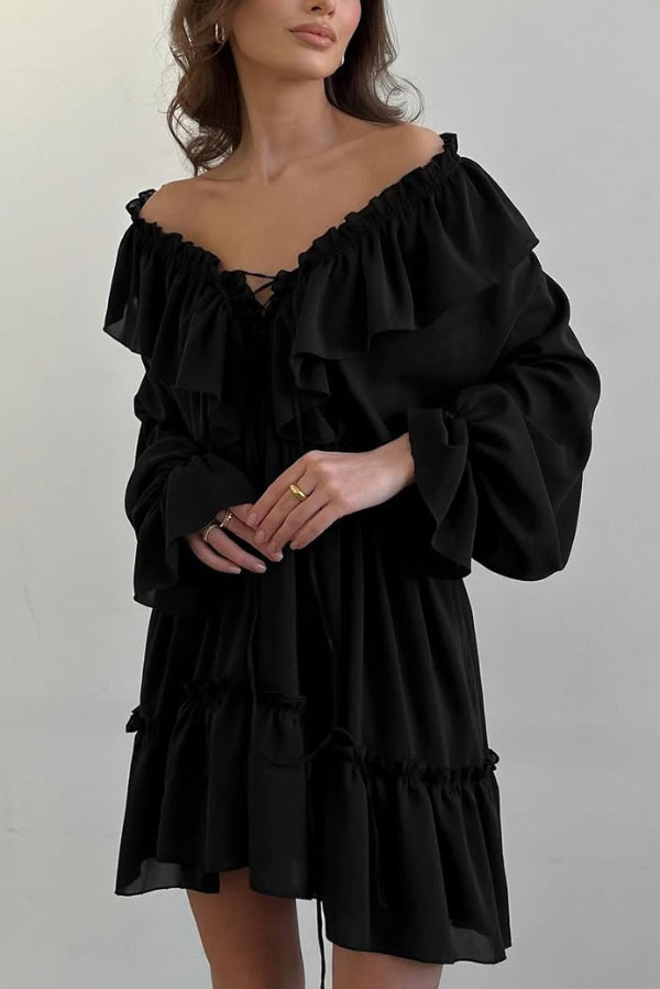 Anna-Berg | Solid Color V-Neck Ruffled Ruched Dress