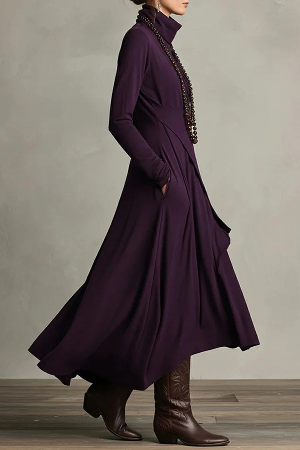 Anna-Berg | Solid Color High-Neck Long-Sleeved Irregular Dress