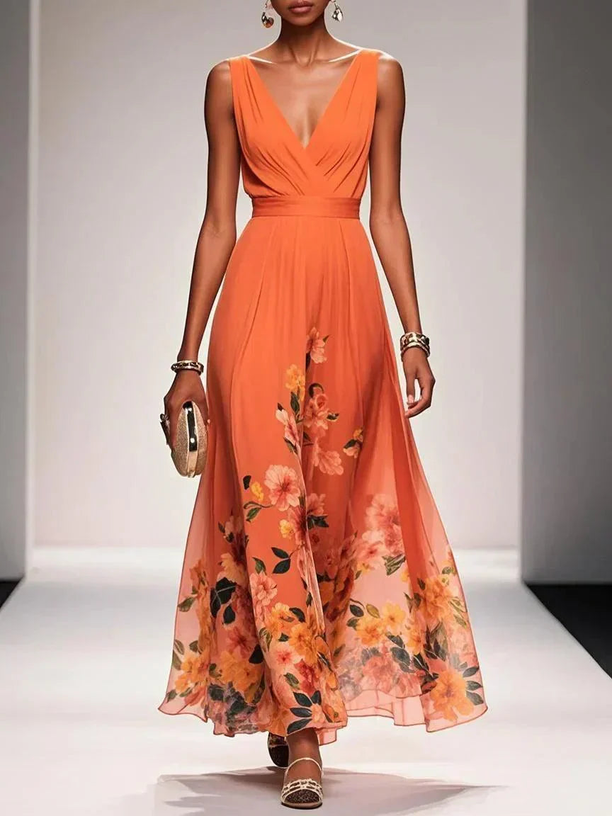 Anna-Berg | Feminine Light Blue Floral V-Neck Maxi Dress