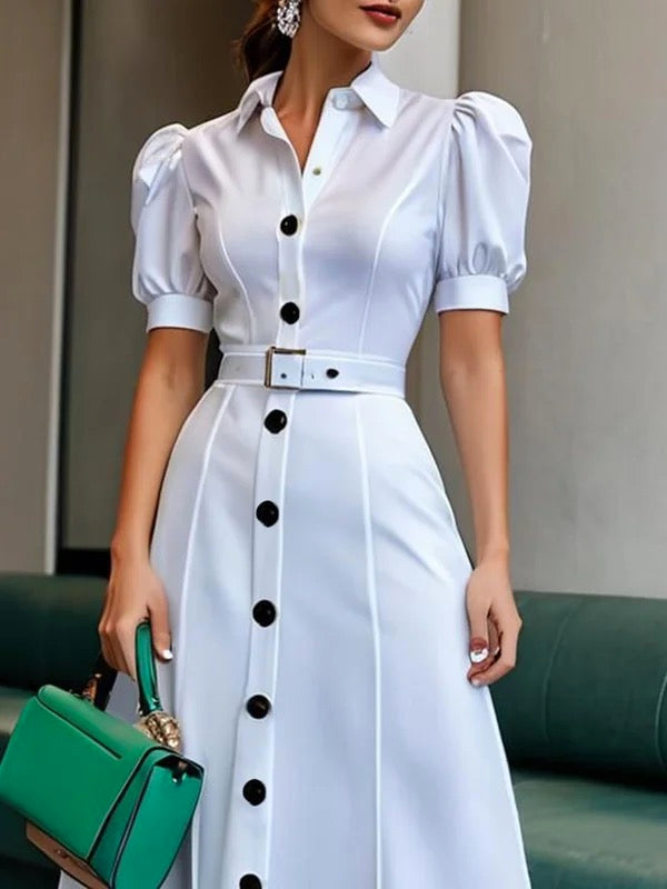 Anna-Berg | Puff Sleeves Short Belted Buttoned Dress