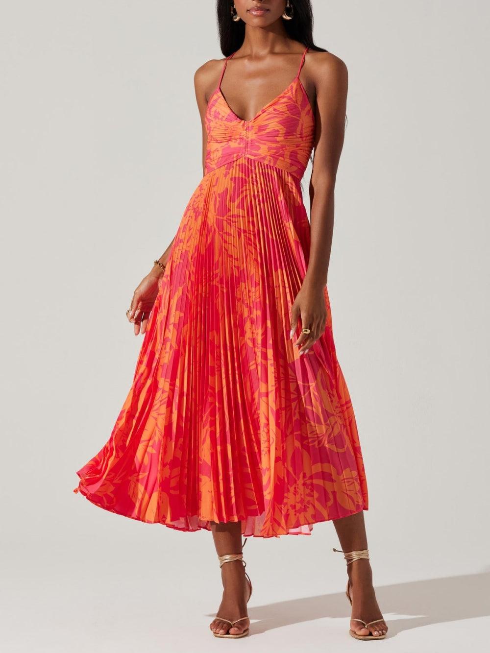 Anna-Berg | Statement Coastal Chic Elegant Floral Print Pleats Midi Dress